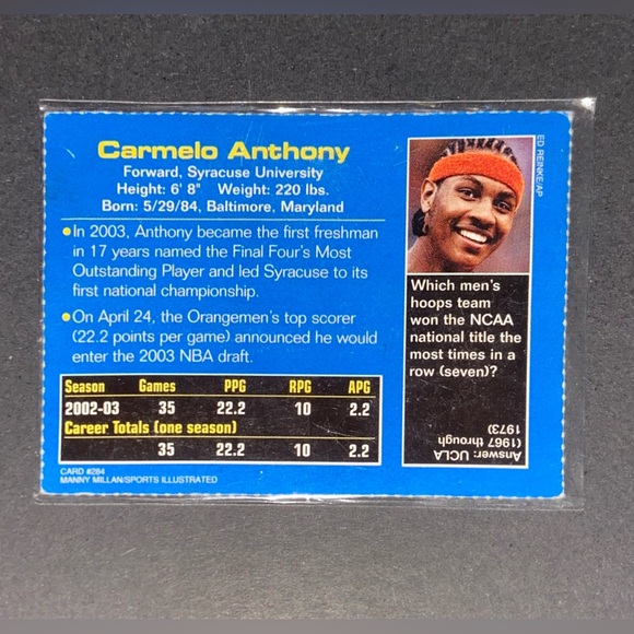 Carmelo Anthony Rookie / College Card - Sports Illustrated Special Edition #284 - Picture 2 of 2